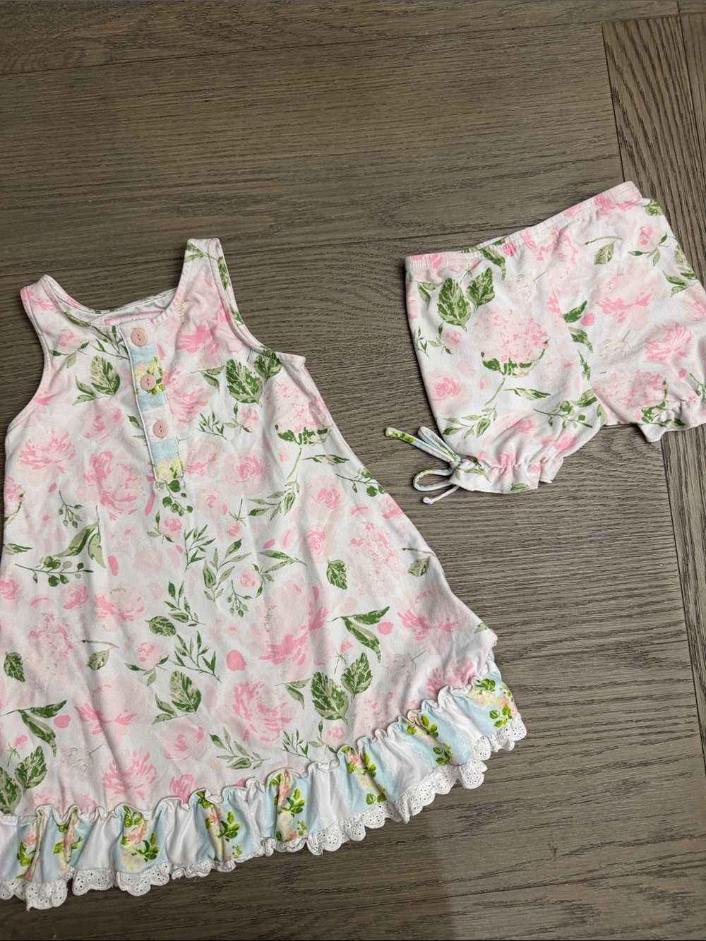 SweetHoney Pink and Green Floral Tank Dress with Matching Bloomers